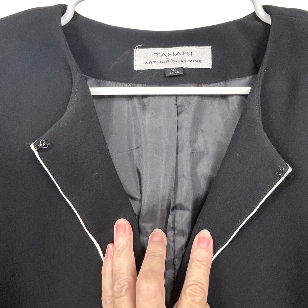 Tahari Blazer Women 14 Black Beaded Pearl Trim Collarless Open Front Jacket - Picture 3 of 10